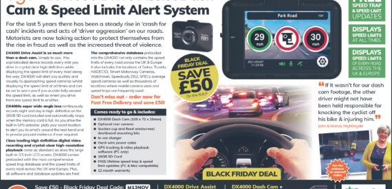 Daily Mail advert promoting Black Friday special offer Save £50 off the Aguri DX4000 dash cam and speed trap detector